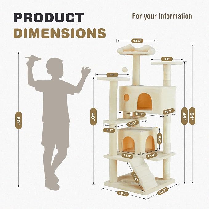 Cat Tree 54 Inch, Multi-Level Cat Tower with Condo, Perches, Sisal Scratching Posts and Climbing Ladder, Pet Play Toy Balls House for Indoor Cats