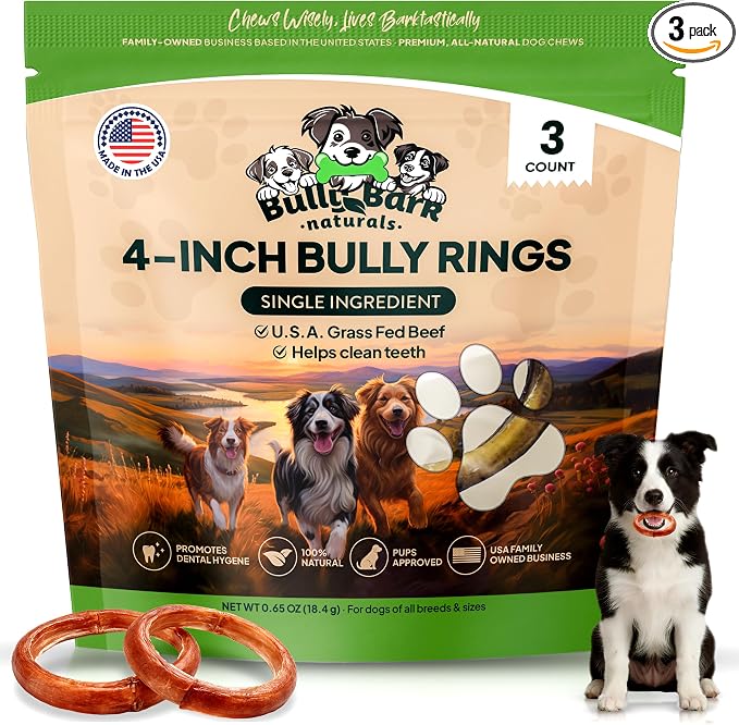 Odor Free 4” Bully Stick Rings for Dogs - 3 Count - 100% Natural Grass-Fed Beef Pizzle Rings, High Protein, Fully Digestible Rawhide-Free Thick Chews, Long Lasting Bully Rings