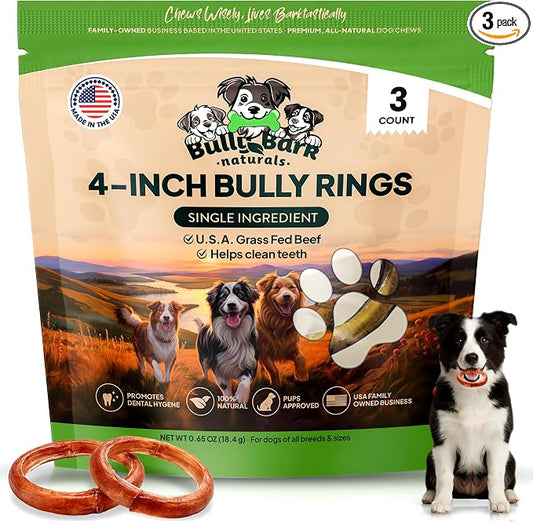 Odor Free 4” Bully Stick Rings for Dogs - 3 Count - 100% Natural Grass-Fed Beef Pizzle Rings, High Protein, Fully Digestible Rawhide-Free Thick Chews, Long Lasting Bully Rings