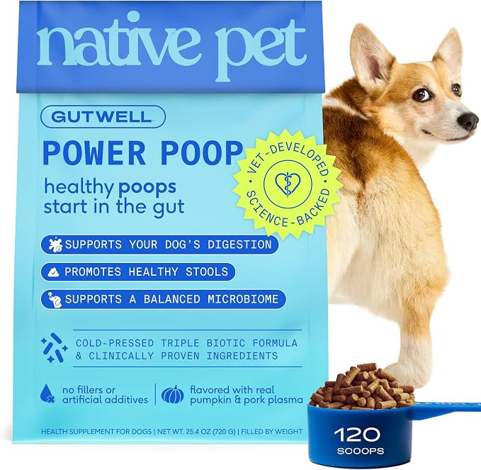 Native Pet GutWell Power Poop - Digestive Support & Fiber for Dogs - Promotes Healthy Stools, Supports Balanced Microbiome & Digestive Function - Triple-Biotic Blend & M-Fiber - 120 Scoops