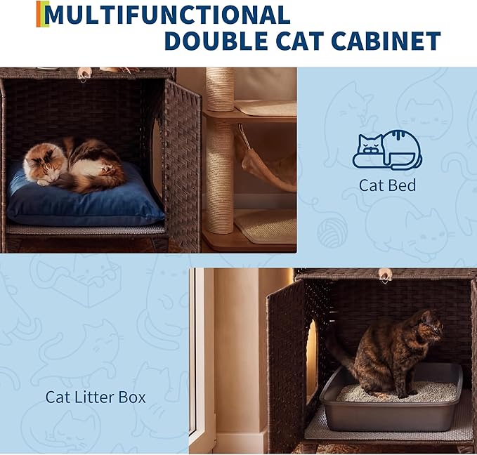 Rattan Litter Box Enclosure Double Room Cat Hidden Litterbox Furniture with Removable Litter Mat & 2 Hooks, Natural Cat House End Table, Easy Assembly, 47.2" l x 19.7" w x 23.6" h Brown