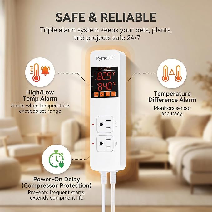 Digital Temperature Controller Dual Probe Reptile Thermostat Controlled Outlet for Terrarium Heat Mat Heating Pad, Switch Cooling Fan Freezer Fridge ON & Off at Setpoints 10A 1200W