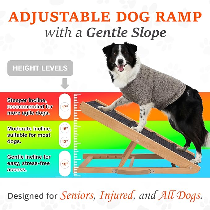 Adjustable Dog Ramp for Bed - 34" Long Foldable Wooden Ramp for Dogs to Get on Bed, Couch, or Car with 12.6" Wide Walking Space (Natural Wood with Gray Carpet)