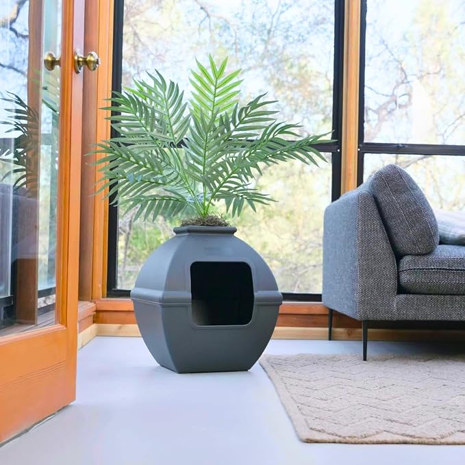 Good Pet Stuff Courtyard Hidden Litter Box Planter, Decorative Cat Litter Enclosure with Carbon Filter, Artificial Palm Plant, Square Design, Easy to Clean, Base Kit, Black Suede