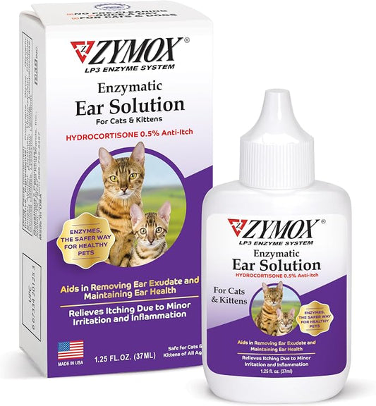 Zymox Enzymatic Ear Solution with 0.5% Hydrocortisone for Cats & Kittens, 1.25 oz. – Cleans & Refreshes Ear Canal for Relief from Wax, Dirt Buildup, Itchiness, Irritation, Inflammation & Redness