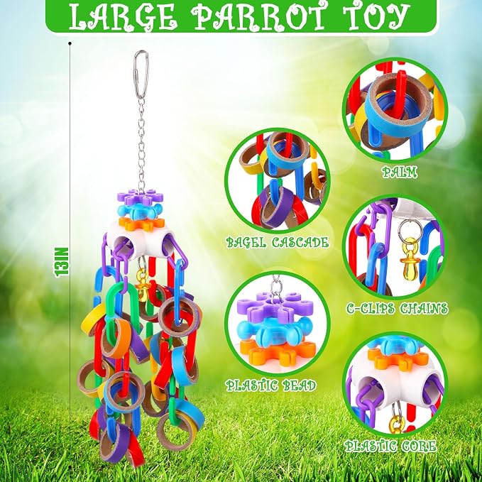 Soulchen 4 Pcs Extra Large Bird Parrot Toy Set Natural Wooden Chewing Toy, Rattan Ball, Wood Nut Loofah String (Bagged) for Large Macaws, African Grey, Amazon Parrots (Corn Cob)