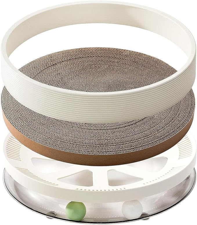 Cat Scratcher Bed Round 3-in-1 Cat Scratcher Toy with Track Ball, Cardboard Cat Scratcher Lounge & Bed, Interactive Cat Toy for Indoor Cats, Durable Scratching Pad with 2 Spinning Balls