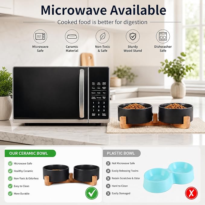 Petygooing Dog Bowls,Black Ceramic Cat Dog Bowl Set with Wood Stand for Pet Food and Water,Non-Slip Cute Modern Pet Dish Set for Cats Small and Medium Dogs (28OZ/6.1 in)