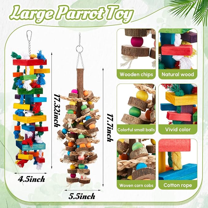 Seenelling 5 Pcs Extra Large Bird Parrot Toy Multicolored Natural Wooden Parrot Cage Chewing Toys for Large Medium Macaws Cockatoos African Grey Birds (Block and Ball)
