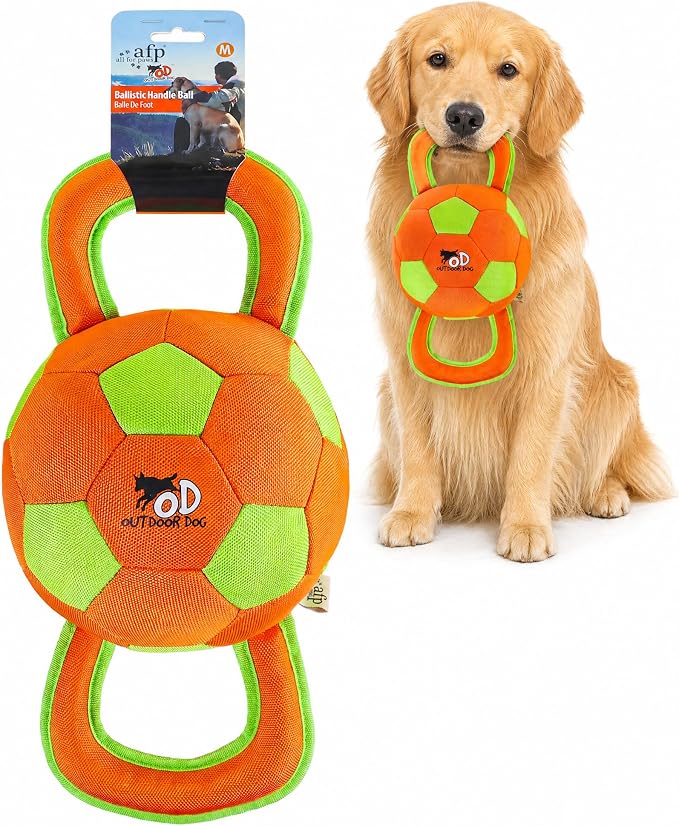 ALL FOR PAWS Ballistic Handle Ball Dog Toy with Squeaker, Interactive Handle Tug of War Ball Toy for Small Medium Large Dogs (Receive one of the Three Colors)