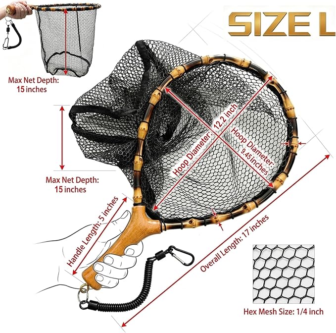 Floating Handcrafted Bamboo Fly Fishing Landing Net, Solid Wood Handle, Soft Rubber Coated Mesh for Trout, Kayak & Stream Fishing, Includes Magnetic Release & Safety Lanyard