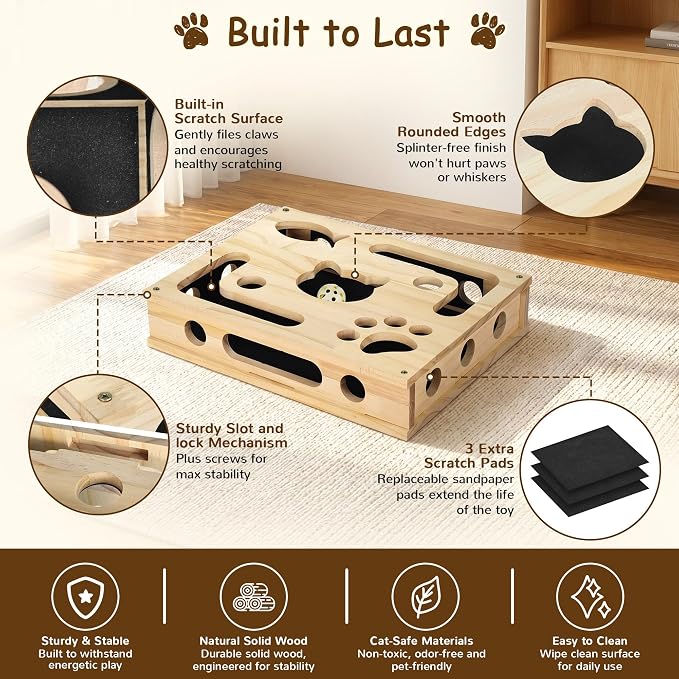 Cat Nail File Box, Interactive Wooden Cat Scratch Puzzle Toy with Sandpaper, Includes 3 Bell Balls & 3 Replacement Pads for Indoor Cats, Stress-Free Enrichment Claw Care (Large)