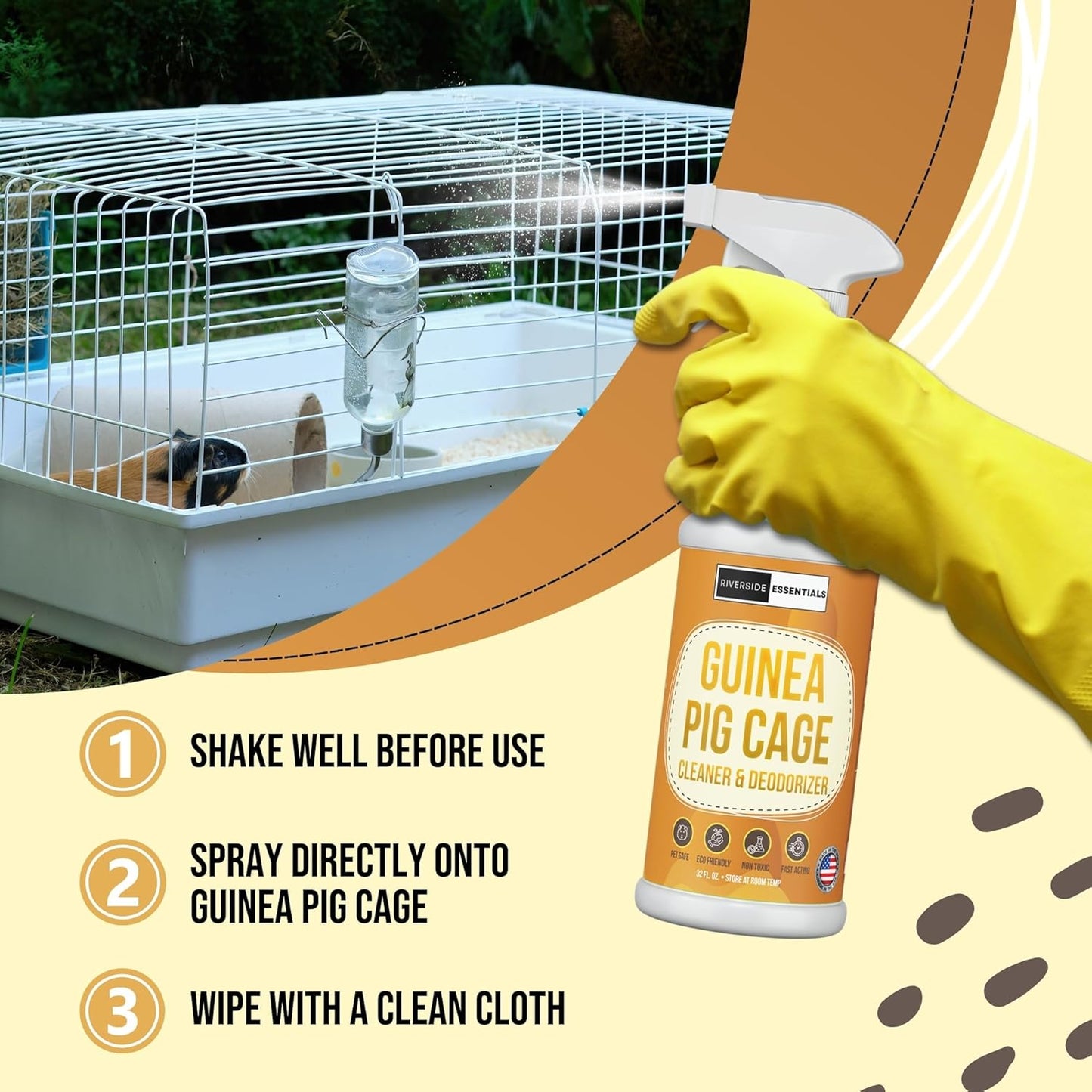 32oz Guinea Pig Cage Cleaner & Deodorizer Spray - Safe & Effective Odor Eliminator for Small Animal Cages - Non-Toxic & Pet Safe Friendly Formula - Made in the USA