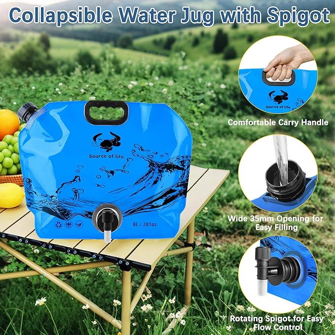Water Jug Camping 2.1 Gallon Collapsible with Spigot, BPA Free Portable Water Pouch Foldable Water Bags for Outdoor Hiking, Travel and Emergency & Water Storage Containers (Blue-4Pcs)