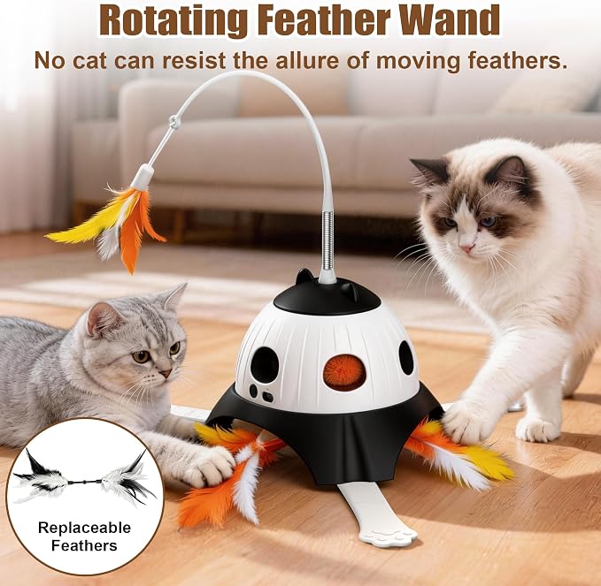 Casfuy 3-in-1 Interactive Cat Toy with Plush Tail, Whack-a-Mole & Rotating Feather Wand