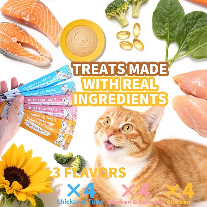 Cat Treats, High-Meat High-Moisture Lickable Cat Treats, Variety Pack – Real Chicken & Seafood – Silky Creamy Purée – Grain-Free (15g Each | 12 Tubes)