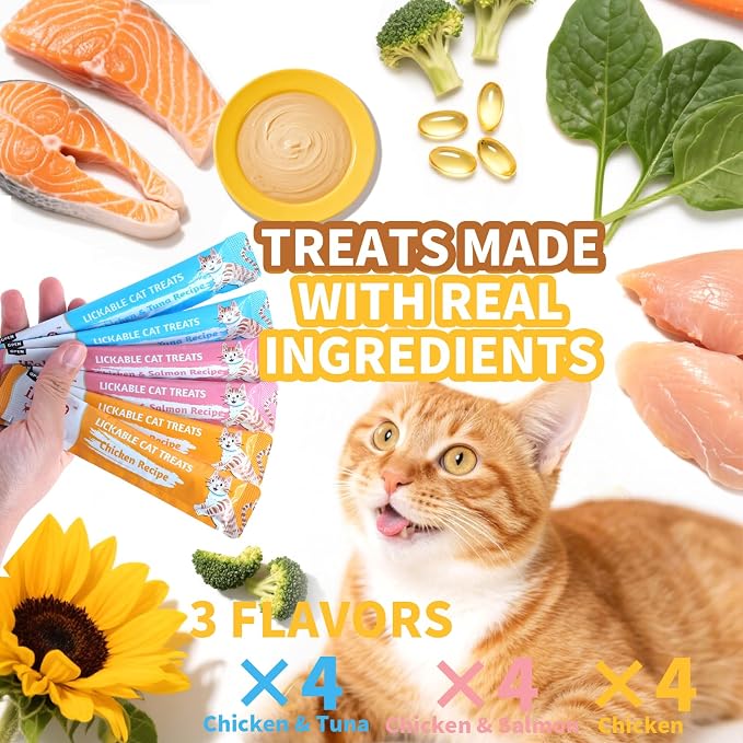 Cat Treats, High-Meat Lickable Cat Treats, Variety Pack – Real Chicken & Seafood – Smooth Creamy Purée – Grain-Free – (15g Each) (Chicken Mix 36 Tubes)