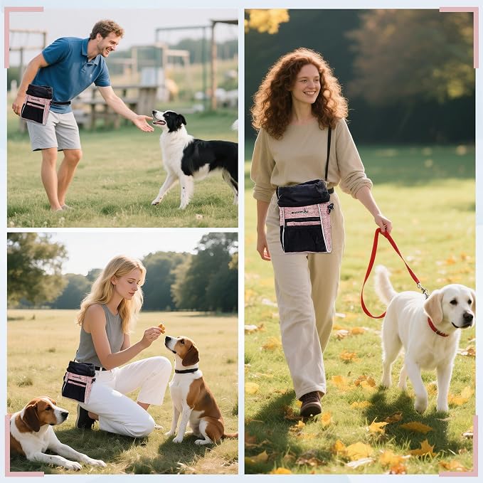 Dog Treat Pouches Training Walking Bag, Dog Training and Behavior Aids, Large Space for Pets Food, Durable Polyester Fabric, 3 Ways to Wear, Portable Pet Bagand Easy to Clean (Pink)
