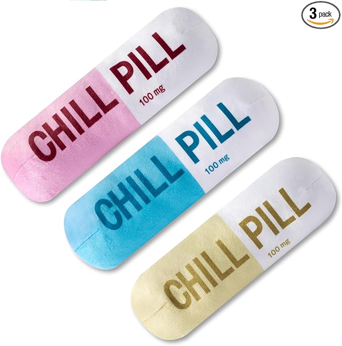 CUweipeng Squeaky Dog Chew Toys - 3Pcs Chill Pill Capsule Teething Squeak Small Plush Dog Toy Keep Them Busy Aggressive Chewers Bite Kick Interactive Training Play Pet Lover Gifts Present Photo Props