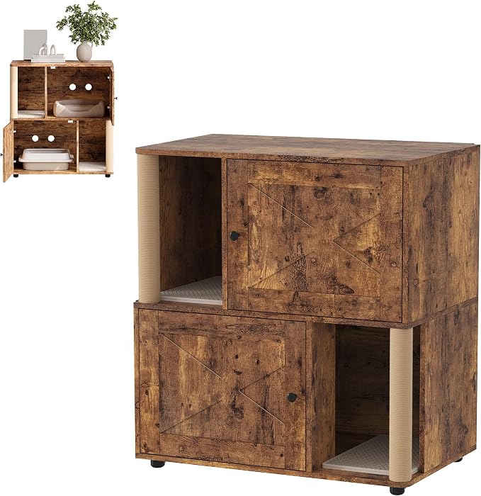 Cat Litter Box Enclosure, Two-Story Wooden Hidden Litter Box Furniture with Scratching Post, Multi-Level Cat Washroom Cabinet for 2 Cats, Reinforced Wood Frame & Ventilated Design for Small Apartment