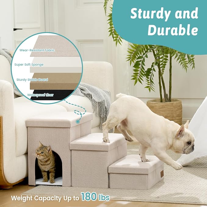 Dog Stairs with Storage, 4-Step Wider Sturdy Dog Steps for Small/Medium/Large Dogs and Older Cats, Doggie Ramp with Condo for Bed/Couch/Car Hold Up to 180 lbs (22.6" H, Beige)
