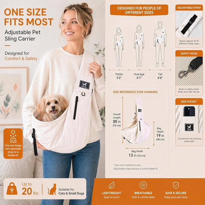 Pet Sling Carrier for Small Dogs and Cats 5-20lbs, Dog Sling with Adjustable Depth, Breathable Air Mesh Puppy Travel Bag, Water Resistant Fabric, Double Safety Leash, Machine Washable,Apricot