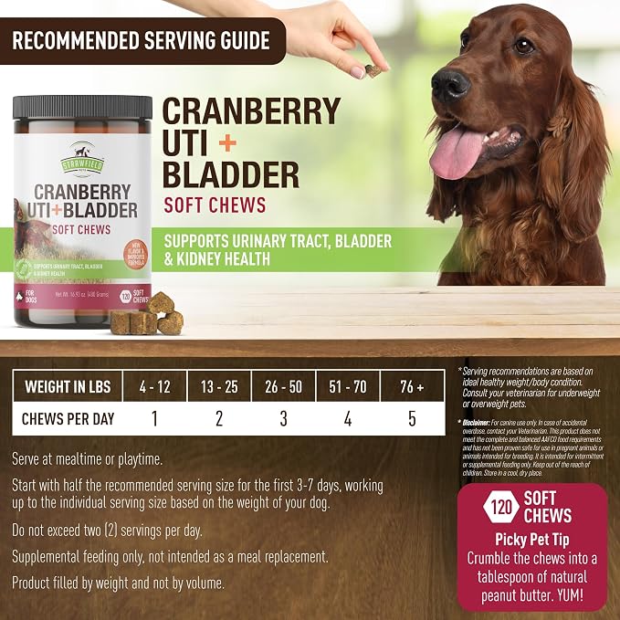 Strawfield Pets Cranberry Bladder & UTI Chews for Dogs D-Mannose + Vitamin C for Urinary Tract Support Bacon Flavored Soft Chews 120 softchews