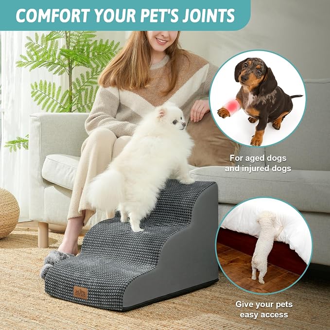 COZY KISS Dog Stairs for Small Dogs 15.7" H, Curved Dog Step for Puppy, Older Cat, Medium Pet Ramp for Sofa, Couch or Chair, Ladder with High Density Foam, 3 Step, 15.7x22.4x15.7 inch, Charcoal Grey