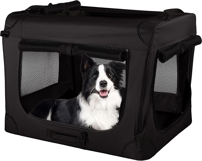 Soft Dog Crate - 32x23.25x23 Collapsible Dog Crate for Medium Pets - Portable Travel Pet Crate with 3 Doors, Mesh Windows, and Removable Divider - Travel Accessories by PETMAKER (Black)