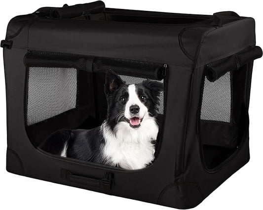 Soft Dog Crate - 32x23.25x23 Collapsible Dog Crate for Medium Pets - Portable Travel Pet Crate with 3 Doors, Mesh Windows, and Removable Divider - Travel Accessories by PETMAKER (Black)