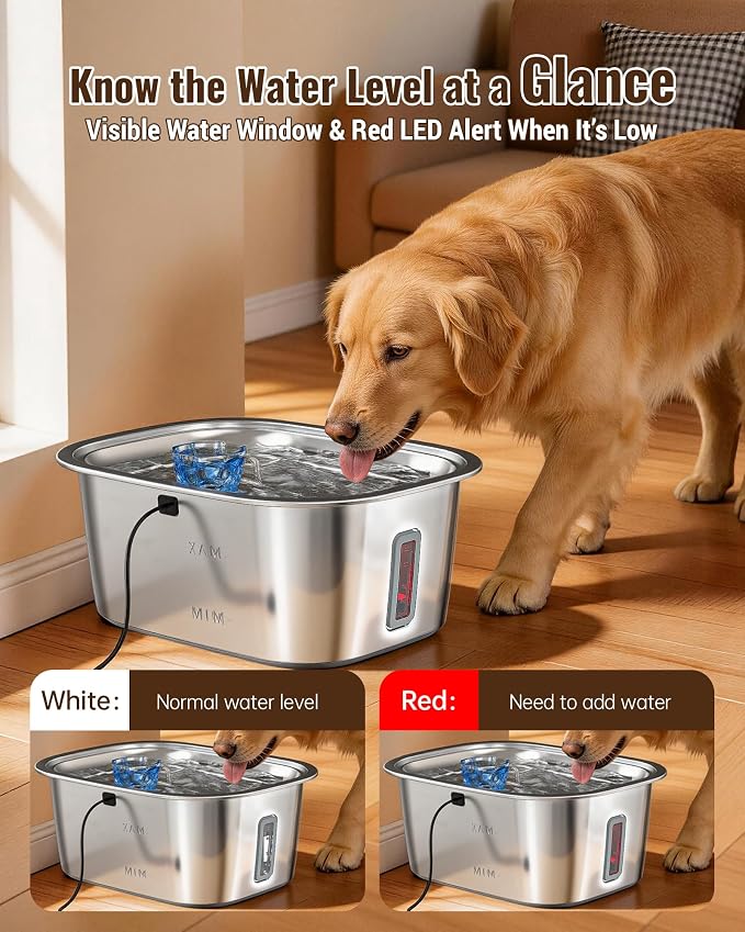 PETNF 3-Gallon Stainless Steel Dog Water Fountain for Large Dogs, Dog Water Bowl Dispenser with 2 Filters, Visible Water Window, Quiet Pump & LED Low-Water Indicator