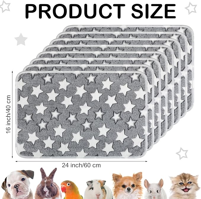 Tudomro 8 Pcs Absorbent Guinea Pig Blankets Washable Small Animal Fleece Bedding Cage Liners Reusable Pet Sleep Mat Pad Cover for Ferret Chinchilla Furniture Protection(Grey Star,16 x 24 Inch)