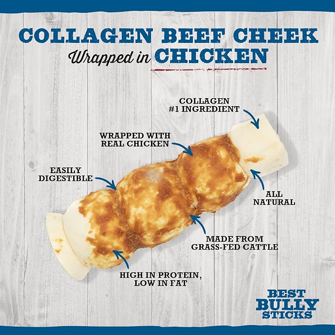 Best Bully Sticks Chicken-Wrapped Beef Cheek Treats - Large 4 Count (Pack of 1) - All-Natural, Collagen-Rich, Rawhide Alternative
