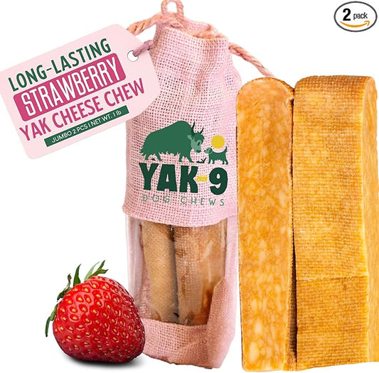 Yak9 Jumbo Yak Cheese Himalayan Dog Chews, Strawberry | High Protein, Non Rawhide Dog Chews Long Lasting | Non GMO, Gluten Free, Grain Free Yak Milk Dog Chew | Jumbo Size, 2 PC