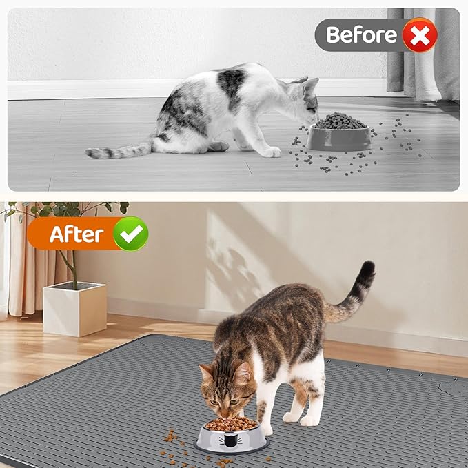Cat Food Mat, 40" x 28" Cat Litter Mat Extra Large Silicone Pet Feeding Mat with Raised Edge Pet Placemat for Food and Water Bowl Non-Slip, Easy to Clean, Floor Protection (Dark Gray)