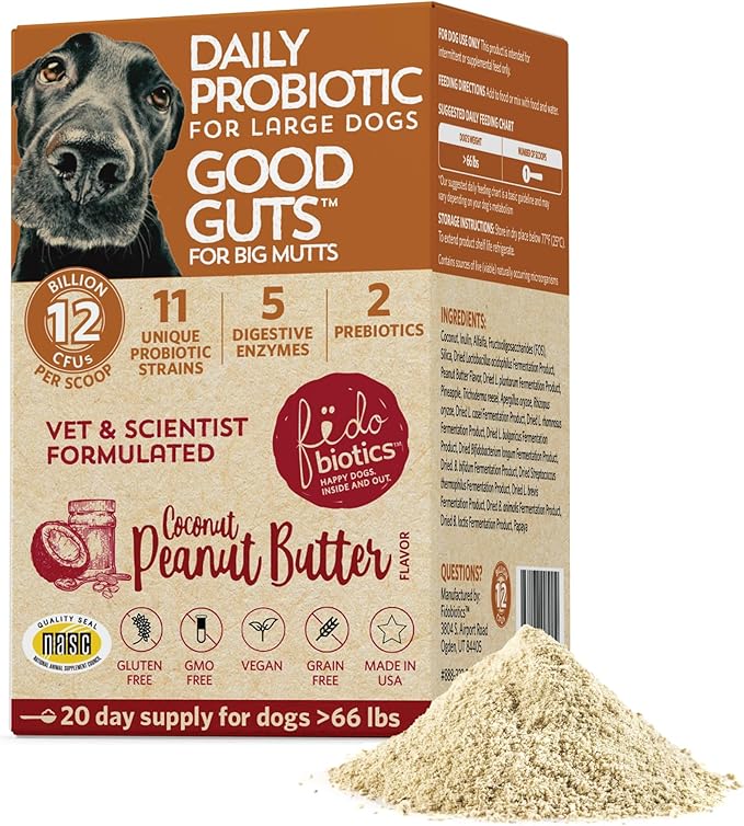 Fidobiotics Good Guts Probiotics for Dogs – Dog Probiotic Powder for Digestive Health, Gas Relief & Firmer Stools, 12B CFUs, Enzymes & Prebiotics, Large Dogs, Puppies & Adults