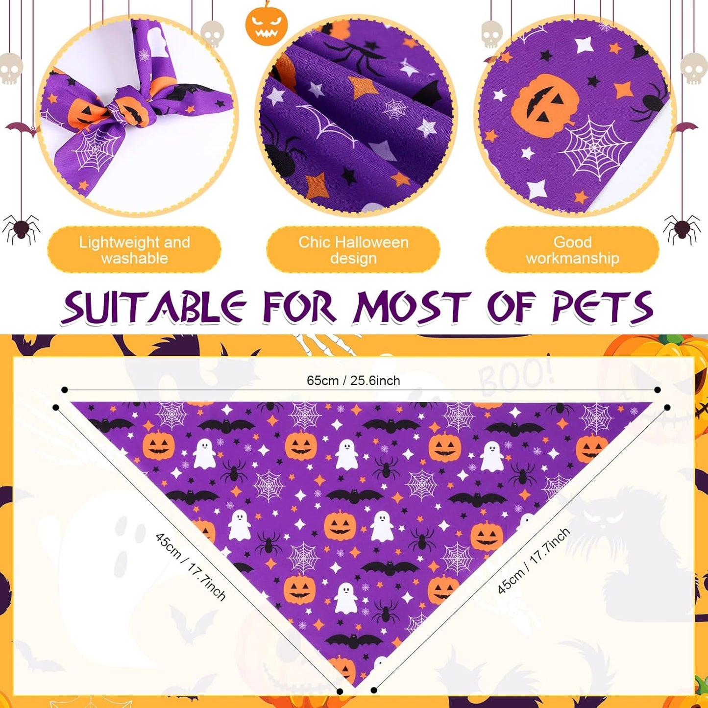 Abbylike 50 Pcs Halloween Dog Bandanas Bulk Pumpkin Bandanas for Dogs Triangle Kerchief Bibs Scarf Set for Pet Halloween Costume Photo Props Accessories Pet Shops, 25 Styles (25.6 x 17.7 x 17.7")