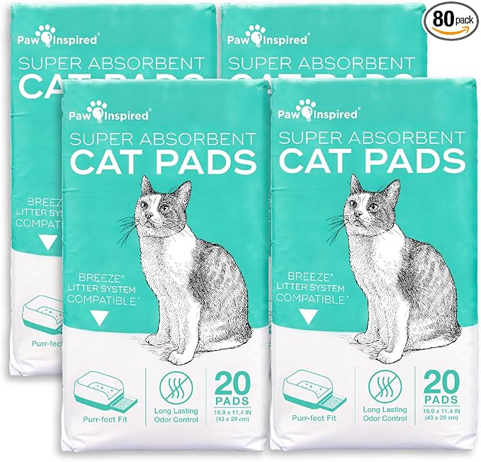 Paw Inspired Cat Pads, Generic Refills for Tidy Cats Breeze Litter Box System, Disposable Kitty Litter Liners, Super Absorbent Pee Pads, 16.9 x 11.4 Inch (Original/Unscented, 80 Count)