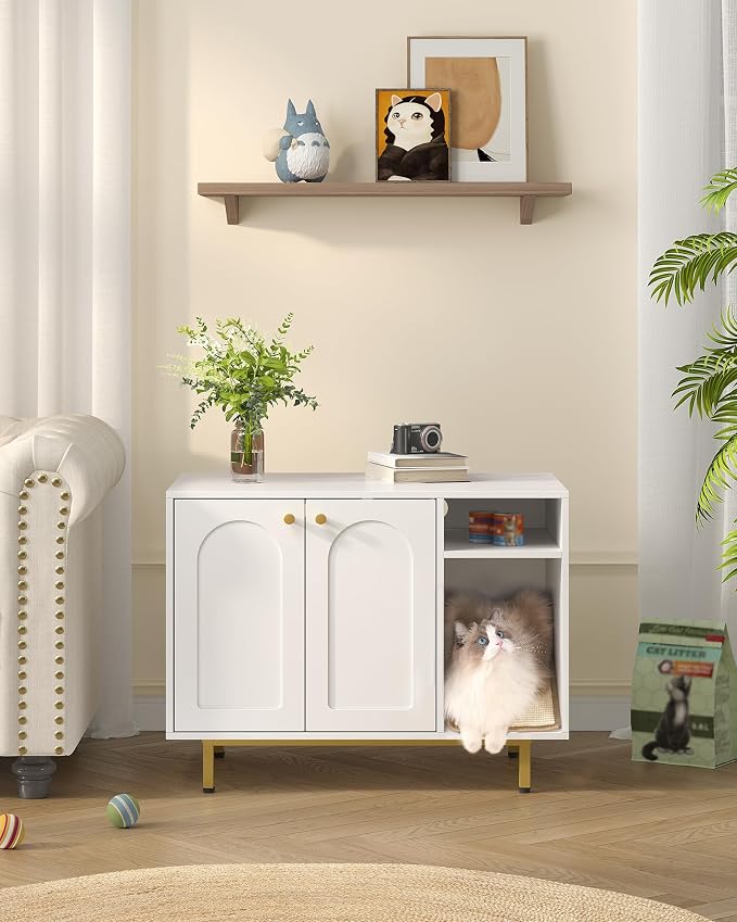 Hzuaneri Cat Litter Box Enclosure,Hidden Litter Box Furniture with Storage, Large Wooden Cabinet with Sisal Mat, Modern Cat Washroom for Living Room, Bedroom, Entryway, White and Gold 01503GCLB