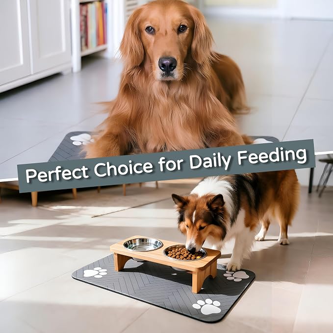 Pet Feeding Mat-Absorbent Dog Feeding Mat for Food and Water Bowl,No Stains Pet Placemat,Quick Drying Water Dispenser Mat for Dog and Cat,Easy to Clean Dog Accessories(M,Black Gray Paw)