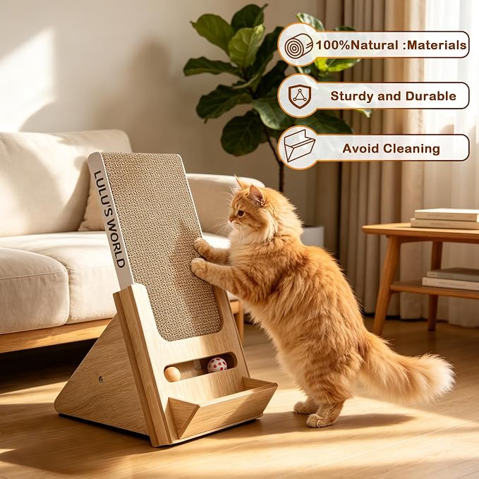 Lulu's World Cat Scratcher with Wooden Stand, Replaceable Scratching Cardboard with Ball Toy for Indoor Cats,Cat Scratch Pad Wall Mounted for Indoor