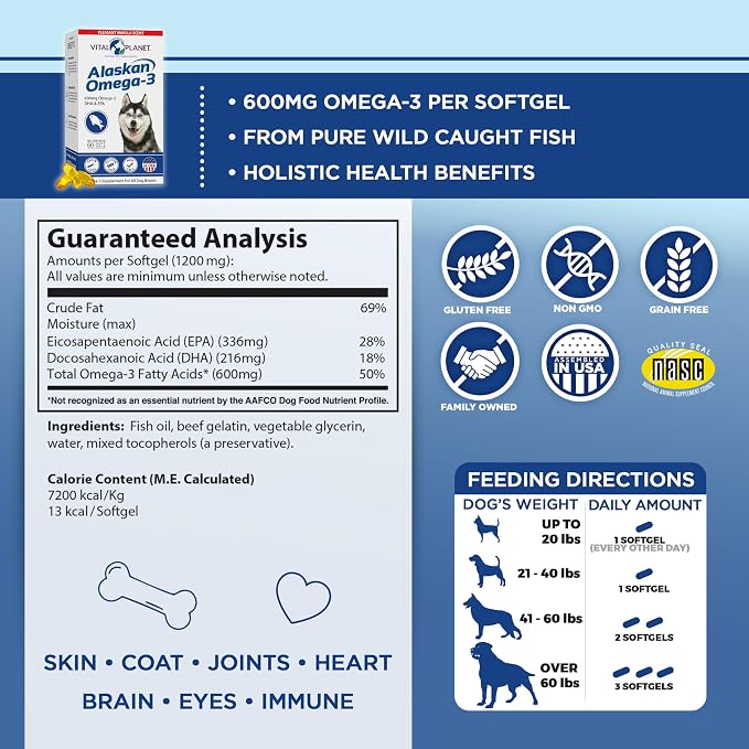 Vital Planet - Alaskan Omega-3 Fish Oil Supplement for Dogs with 600mg of Omega-3, High in DHA and EPA from Sustainably Harvested Wild Caught Cold Water Fish, 60 Vanilla Softgels
