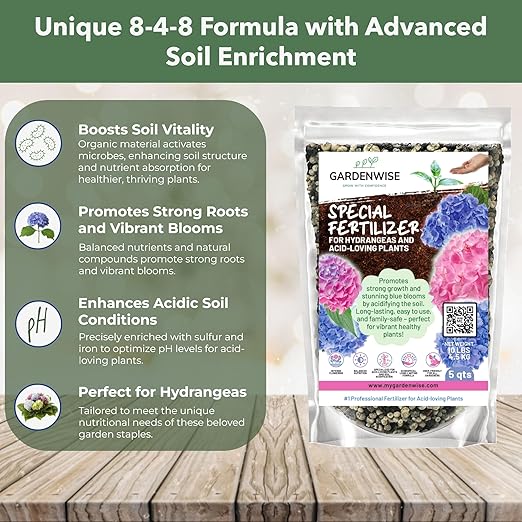 GARDENWISE Slow Release Hydrangea Fertilizer with Iron & Sulfur – Indoor & Outdoor Soil Acidifier for Miracle Growth (1/2 qt)