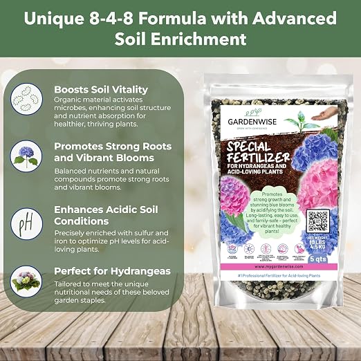GARDENWISE Slow Release Hydrangea Fertilizer with Iron & Sulfur – Indoor & Outdoor Soil Acidifier for Miracle Growth (3 qt)