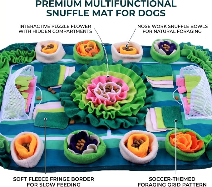 Large 30"x20" Snuffle Mat for Dogs and Cats, Soccer Field Pet Puzzle Toy, Non-Slip Fleece Foraging Mat for Mental Stimulation, Slow Feeder for Pups and Rabbits