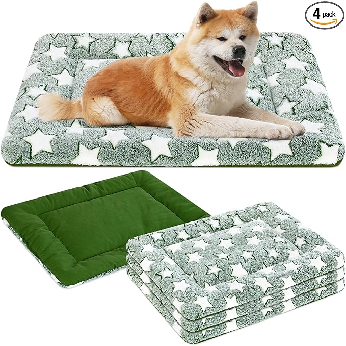 VitalCozy 4 Pcs Dog Crate Pads, Ultra Soft Warm Washable Anti-Slip Kennel Bed Mat for Pets, Reversible, Replaceable, Cage Liner for Small Medium Large Dogs and Cats(20 x 30 x 1.6 Inch,Star,Green)