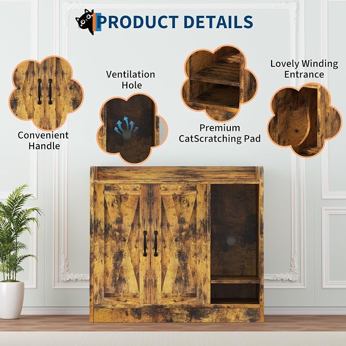 Cat Litter Box Enclosure,Hidden Litter Box Furniture with Divider,Indoor Cat House,Wooden Cat Washroom Storage Cabinet Bench, Side End Table Nightstand, 33.07" L × 23.62" W × 23.92" H,Rustic Brown