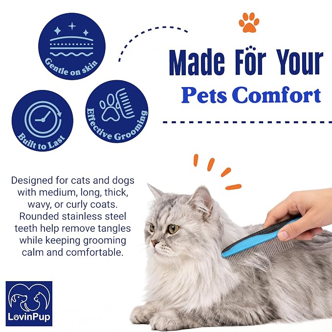 Pet Metal Comb for Dogs and Cats (2-Pack) - Stainless Steel Rounded Teeth for Painless Detangling - Dual-Spacing for Small & Large Pets with Comfort Grip Handle - Professional Grooming Tools