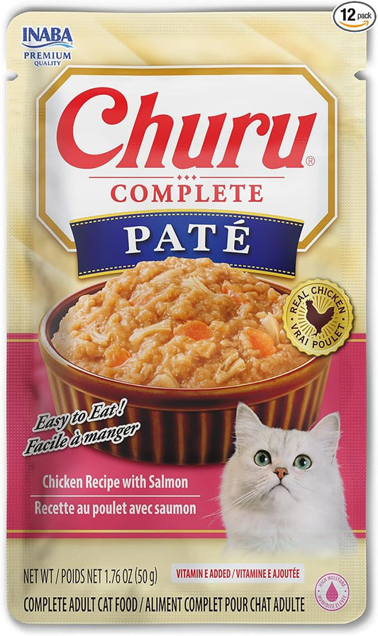 INABA Churu Complete Pate for Cats, Grain-Free, High Protein & Moisture, Wet Cat Food with Fish Oil, 1.76oz. Pouch, 12 Pouches, Chicken with Salmon Recipe