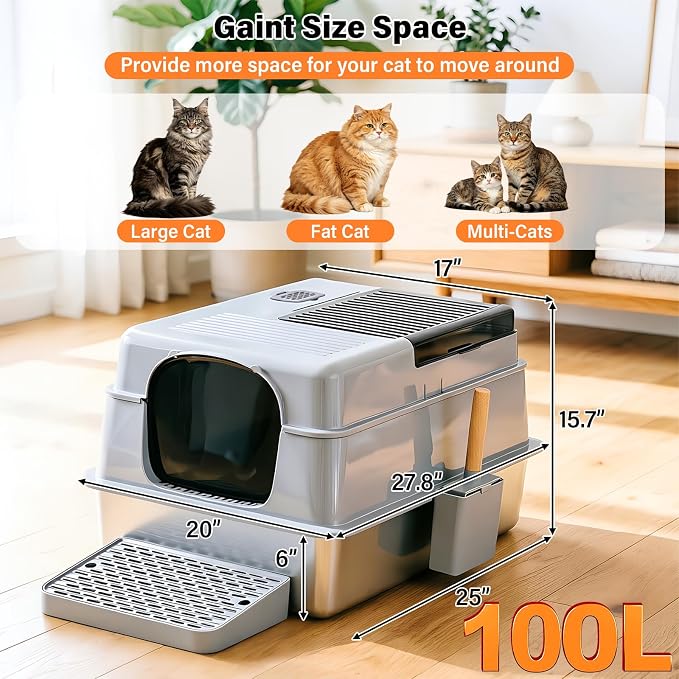 Enclosed Stainless Steel Cat Litter Box with Lid, XXXL Metal Litter Box with Collection Tray & Scoop, Odor-Free/Anti-Leakage & Non-Stick/Easy Clean, High-Sided Litter Box for Multiple Big Cats